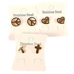 Stud Earrings Lot of 3 Pairs Mixed Designs Gold Tone Stainless Steel .44" Cross